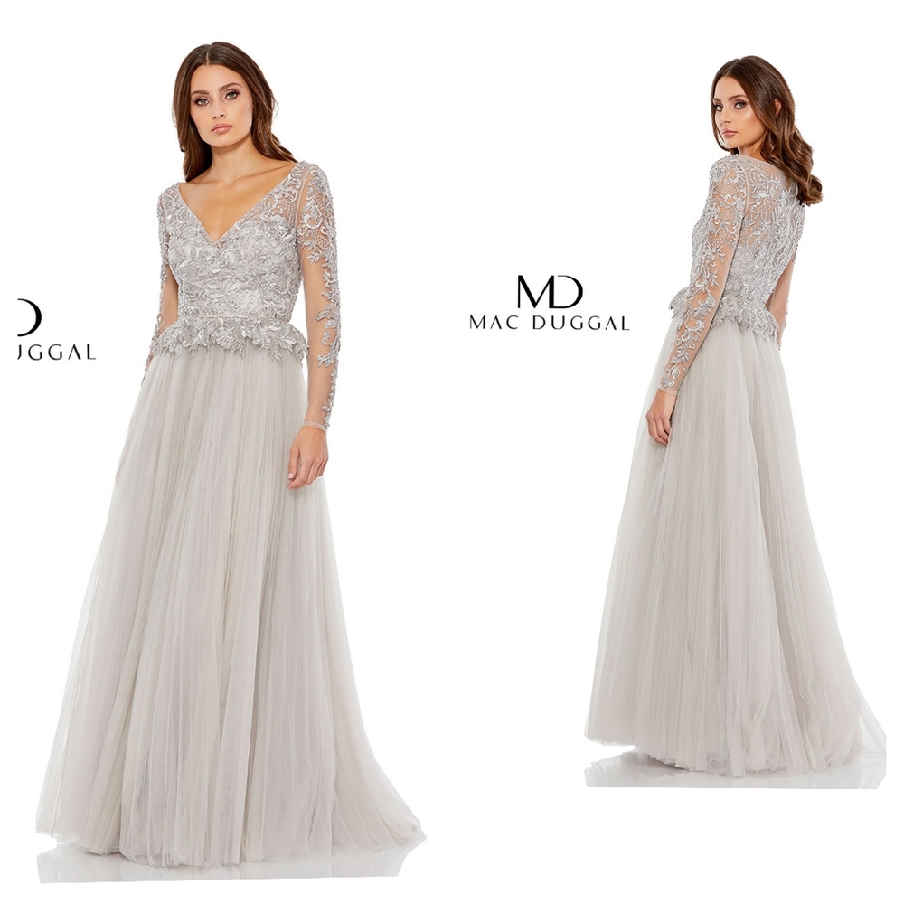 New Mac Duggal  11168 Embroidered Lace Illusion Long Sleeve A-Line Gown Size 4 H